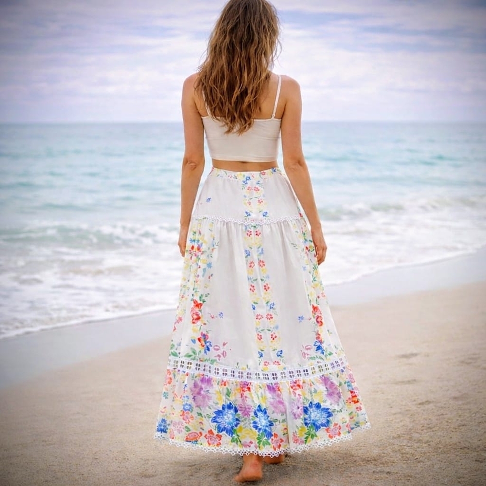 Charo Ruiz White Floral Garden Multi Colored Maxi/Midi Skirt, Cotton, NWT size M - Picture 15 of 15